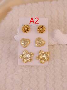 3-6 Pairs Vintage Gold Tone Earring Set, 3D Rose & Heart Shaped Earrings, Elegant Ins Style Accessories, Versatile Daily Wear - Gold - View 6
