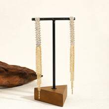 1 Pair Long Glittery Tassel Drop Earrings, Elegant Minimalist Dangle Earrings, Fashionable Chic Earrings