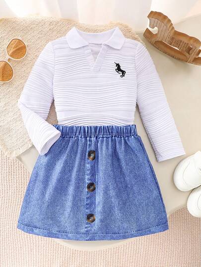 2 st. set med broderad pikétröja och denimkjol för babyflickor, lämplig för utomhusbruk höst/vinter