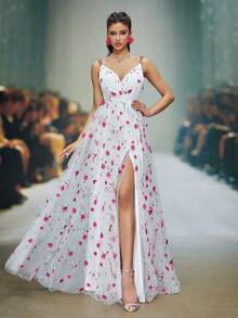 Anpoket 新款 V 领吊带精致婚纱刺绣 3D 立体花卉蕾丝系带高开衩 A 字裙 - 白色 - 查看 1