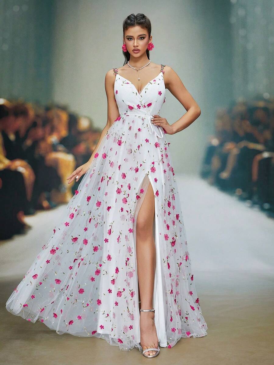 Anpoket 新款 V 领吊带精致婚纱刺绣 3D 立体花卉蕾丝系带高开衩 A 字裙 - 白色 - 查看 1