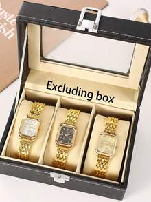 3pcs/Set Luxury Steel Band Women's Watch, Fashionable Minimalist Square Quartz Wrist Watch For Female Students