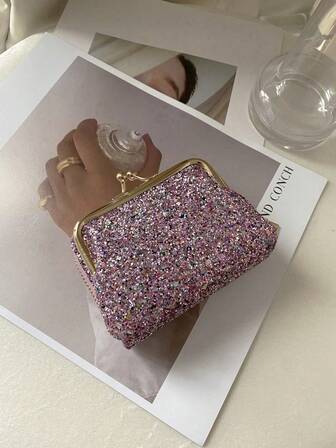 1件装女士闪亮亮片仿皮复古优雅手拿包，多隔层和卡槽，迷你钱包，小钱包，卡包