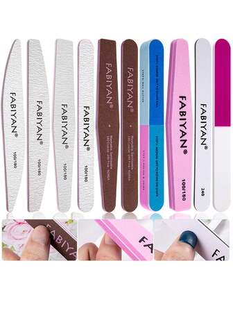 5件套指甲锉和抛光块套装，包含指甲锉、抛光锉、美甲套装、凝胶指甲油砂纸条、修甲工具等。