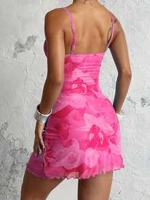 Vestido de Verão para Mulher, Rosa, Sexy, em Rede com Estampa, Alças Finas, Adequado para Encontro, Festa, Convívio e Férias - Rosa Quente - Ver 3