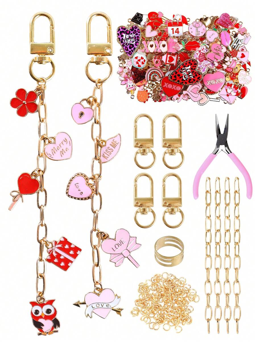Kit de fabrication de porte-clés pour la Saint-Valentin, comprend des pendentifs, un fermoir de porte-clés, une chaîne d'extension, des anneaux à ressort et des pinces à bijoux. Kit créatif de fabrication de breloques de sac et d'artisanat de bijoux, idéal pour les cadeaux de la Saint-Valentin