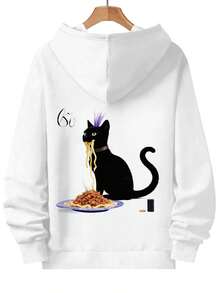 Sudadera con capucha con gráfico de gato negro para mujeres y hombres - Gato negro divertido con estampado de espaguetis y salsa de carne en la espalda, sudadera casual de manga larga para uso diario y ocasiones divertidas - Blanco - Ver 3