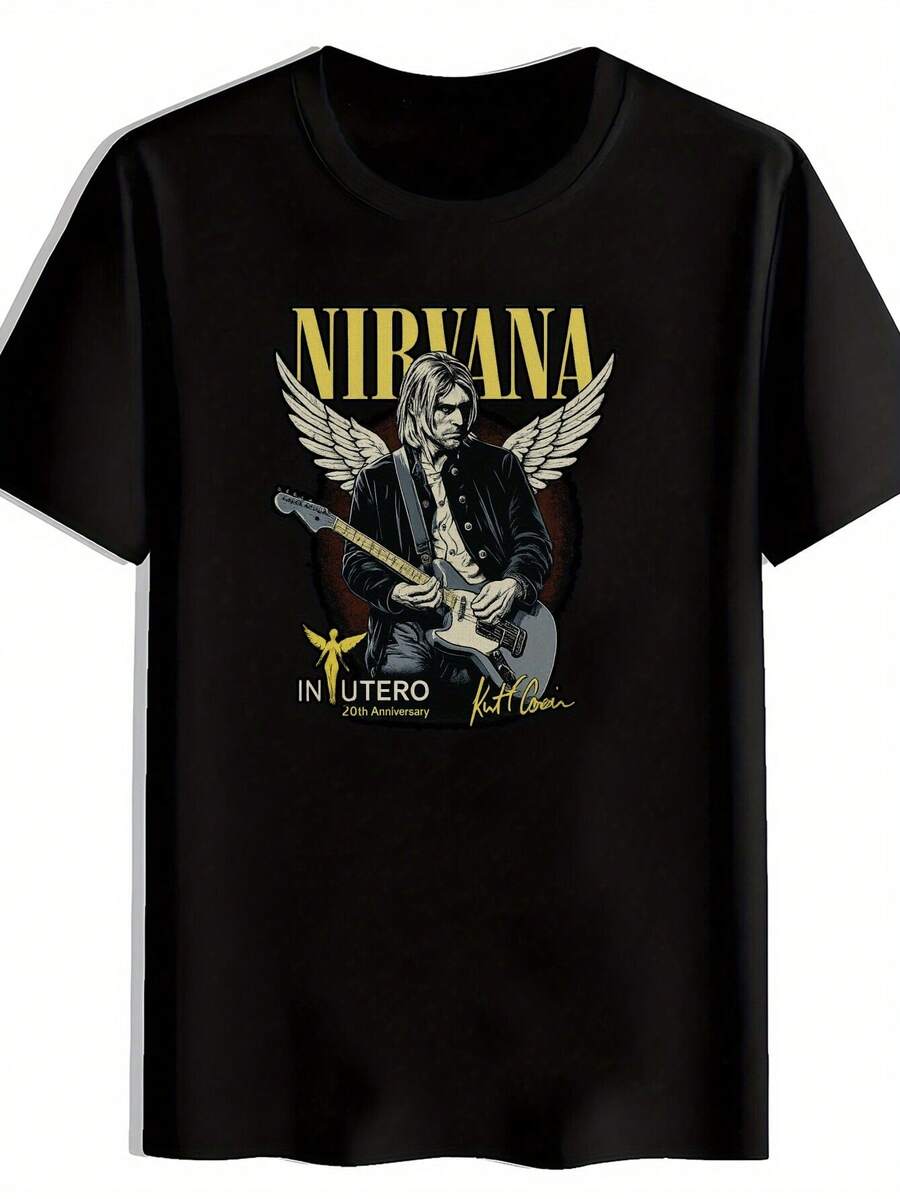 Camiseta gráfica de banda de rock para hombres - Cuello redondo de manga corta de inspiración vintage. Poliéster. Ropa Casual de Verano con Estampado de Guitarrista. Ideal para viajar. Fechas. Playa. Vacaciones. Regalo de festival. Camiseta de banda - Negro - Ver 1