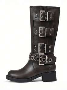 Vintage Metallic Buckles Knee High Boots For Woman Round Toe Wide Calf Riding Fashion Chunky Heel Pull On Y2K Motorcycle Boots - màu nâu - Xem 1