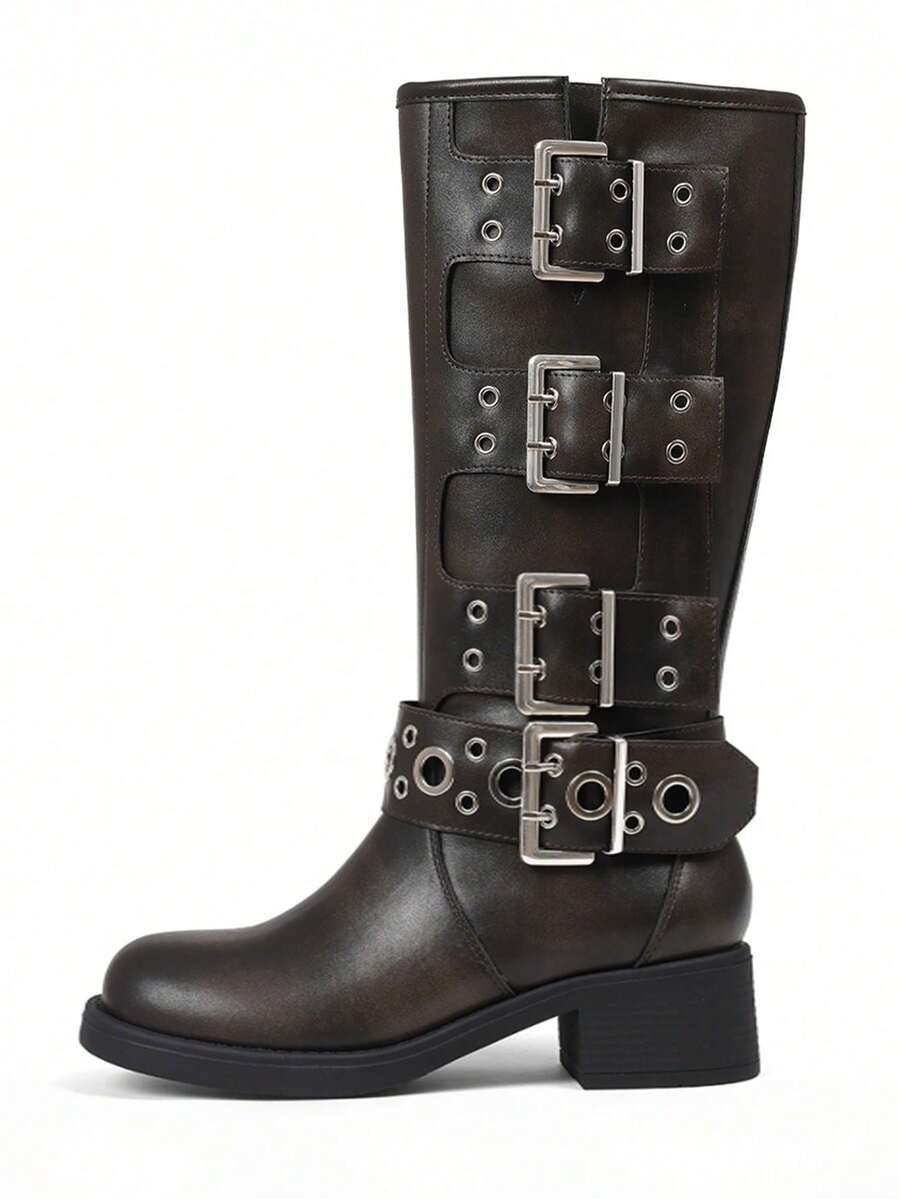 Vintage Metallic Buckles Knee High Boots For Woman Round Toe Wide Calf Riding Fashion Chunky Heel Pull On Y2K Motorcycle Boots - màu nâu - Xem 1