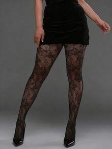 1pc Women's Jacquard Fishnet Stockings, Vintage French Floral Rose Bouquet Patterned Hollow Out Sexy Black Fishnet Tights - Black - View 10