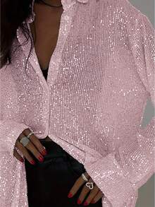Women's Sequined Long-Sleeved Collar Shirt Button-Down Cardigan Loose Shirt, Fashionable, Suitable For Street, Music Festivals, Parties - Pink - View 4