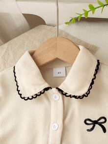 2件套女童休闲蝴蝶印花纽扣领短袖上衣和百褶裙套装，夏季 - 杏色 - 查看 3