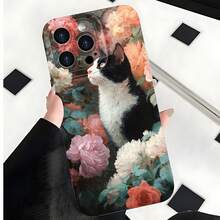 2026 nueva funda de teléfono esmerilada, funda de teléfono con estampado de gato y flores para  17 15 Pro Max  17 14 Pro  17 13  Galaxy S23 S22 S21 protector de teléfono funda de pareja regalo para novio novia regalo de San Valentín cumpleaños - Negro - Ver 3