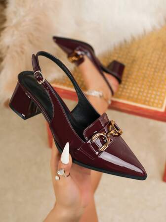 女士漆皮尖头粗跟高跟鞋，酒红色，优雅正式时尚搭扣派对礼服鞋，性感搭扣踝带高跟鞋
