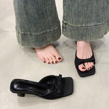 Women's High Heel Slide Sandals, Square Toe, Strap , Kitten Heel, Fairy Style, Summer Fabric, Black Bow, Outdoor High Heels