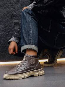 New Coffee Men's Boots, Retro Men's Shoes, High-Top Lace-Up Shoes, British Style Men's Shoes Work Boots - Coffee Brown - View 6