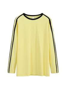 JUTU 女士春季通勤上衣，时尚侧条纹长袖T恤，户外休闲装 - 057黃拼黑 - 查看 6