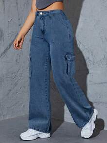 Women's Jeans, Y2K Style Women's Clothing, Casual And Versatile Straight-Leg Pants, Workwear Pants, Jeans > Pants, Suitable For All Seasons, With Multiple Pocket Designs, Religion > Clothes, Suitable For Casual Outings, Cocktail Parties, Parties, Christmas, Nightclubs, Banquets, Film Festivals, Cinemas, Dance Parties, Cocktail Parties, Bars, Weddings, Graduation Ceremonies, Back-To-School, Birthday Parties, Rebellious Girls, Festival-Themed Parties, Casual Wear, Street Fashion, Fashion Shows, Dates, Valentine's Day, Going Out To Work At University, School, Village, Music Concerts, Street Girls, Young Girls, Country Outfits For Women, Best For Women When Going Out, Women's Vacation Clothing, Country Music Concerts, Women's New Year Outfits, Valentine's Day Outfits For Women. - 藍色 - 查看 4