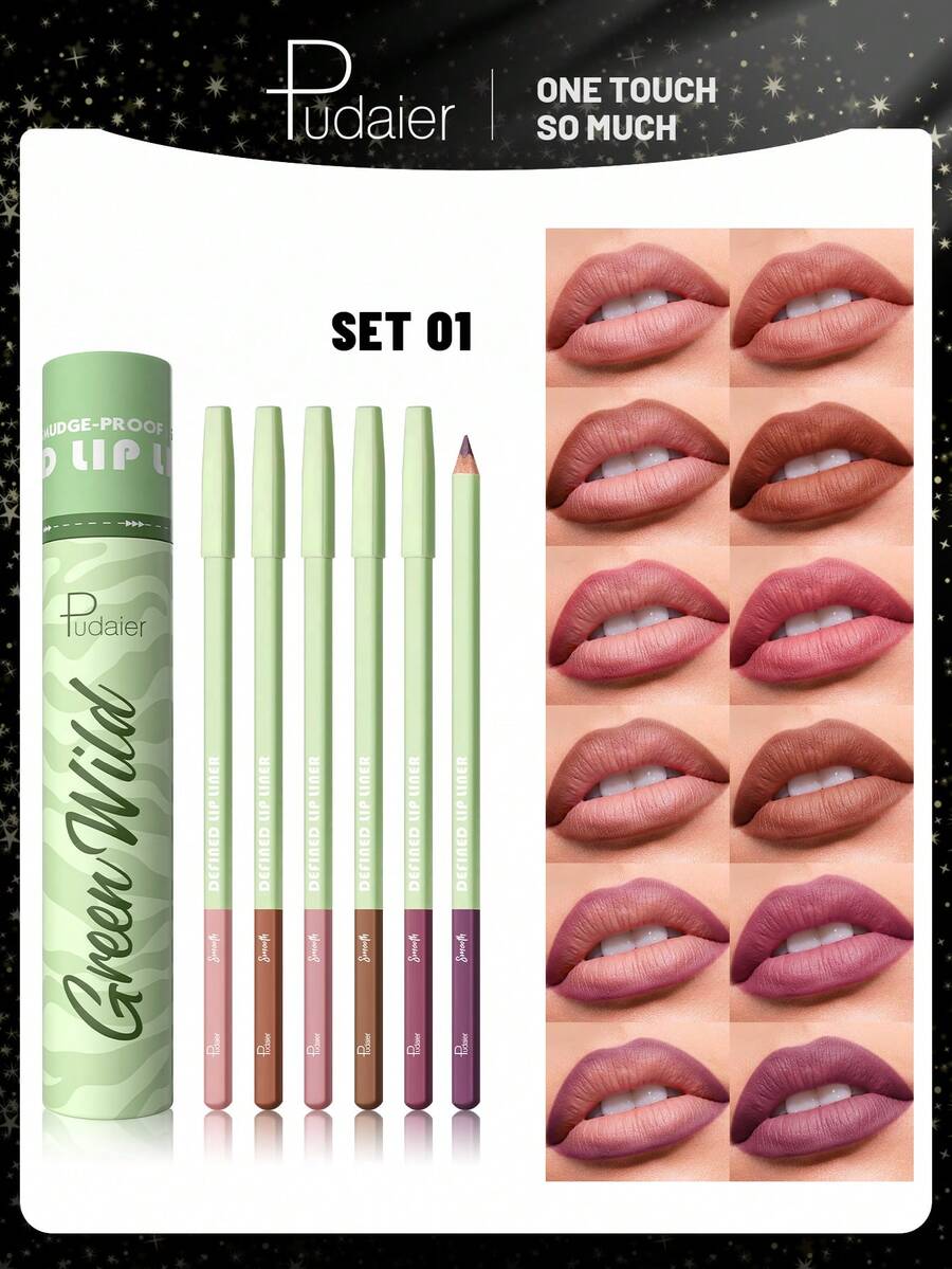 Pudaier 6 件唇线笔套装 24 小时持久防水哑光铅笔纸笔架礼品包装适合节日和生日 - 套裝 01 - 查看 1