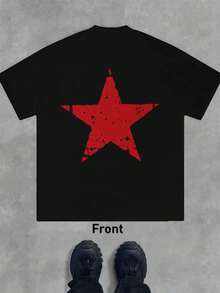 T-shirt da uomo con stampa a stella rossa, cotone di prima qualità, vestibilità comoda, casual, stampa grafica unica - nero - Visualizzare 2