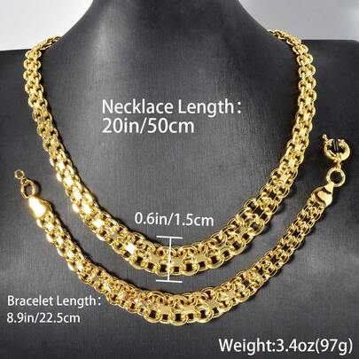 2pcs Set 18K Gold Plated Chunky Exaggerated Copper Necklace & Bracelet Sailor Button Jewelry Set, Suitable For Women's Daily Wear And Party Gifts