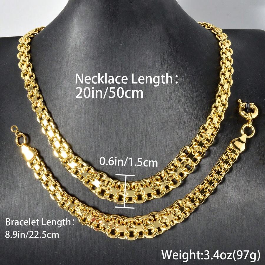 2pcs Set 18K Gold Plated Chunky Exaggerated Copper Necklace & Bracelet Sailor Button Jewelry Set, Suitable For Women's Daily Wear And Party Gifts - Gold 2 - View 1