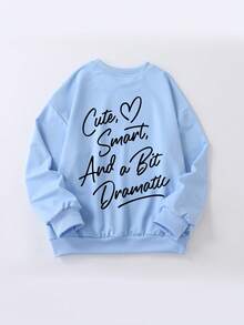 Tween Girl Letter Print Crew Neck Casual Long Sleeve Pullover Pullover Sweatshirt - Baby Blue - View 2