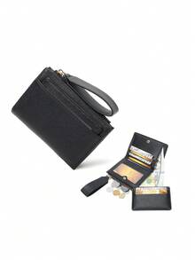 Cartera elegante y exquisita de piel de lichí con hebilla, de gran capacidad y multifunción, con cremallera portátil, clip para tarjetas de estudiante, monedero lindo y adecuado como regalo para jóvenes estudiantes, mujeres y hombres, billetera mini, monedero, billetera pequeña, billetera de muñeca, regalos para hombres, billetera de hombre, cordón para hombre - Negro - Ver 9