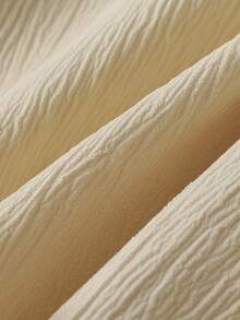 Set de 2 piezas de top de manga corta y shorts de unicolor suave y cómodo con decoración de lazo en tela arrugada para niñas, adecuado para uso al aire libre, primavera/verano - Albaricoque - Ver 10