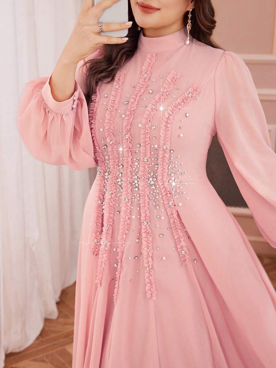Plus Size Damklänning Enfärgad Elegant Pärlbroderad Frontpanel Långärmad Med Volangfåll Bröllop Rosa Vårfest - Rosa - Visa 1