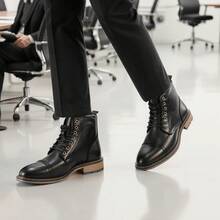 Men's Retro Work Boots, Round Toe Thick Sole Casual Boots, Dual-Color Upper With Rubber Contrasting Sole, Outdoor/Commute Ankle Boots - Black - View 2
