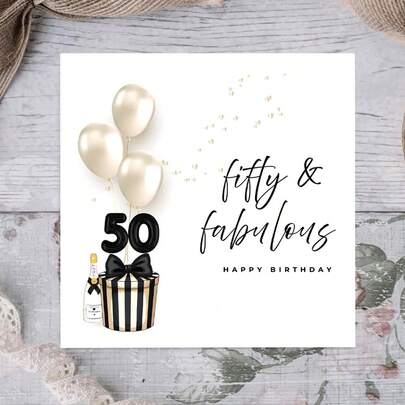 50th Birthday Card | 50 And Fabulous | Black And White | Fiftieth Birthday | Milestone Cards | Greetings Cards