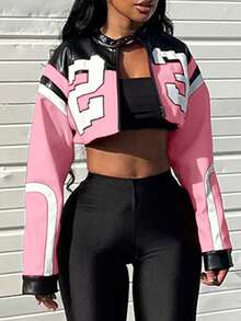 Women's Faux Leather Jacket Zipper Short Red Coat Bomber Leather Jacket Women's Party Tops Casual Outfit For Christmas And New Year - 粉色 - 查看 3