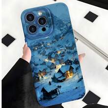 2026 nueva funda de teléfono esmerilada, funda de teléfono escena nocturna de pueblo invernal con casas nevadas y luces cálidas para  17 14 Pro Max  17 13  17 12  Galaxy S23 S22 S21 funda protectora para teléfono regalo de pareja para novio novia regalo de vacaciones - Blanco antiguo - Ver 2