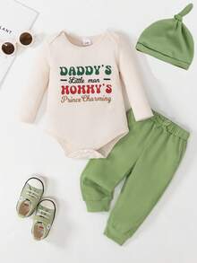 3pcs Baby Boy Casual Sports Set: Round Neck Long Sleeve "Daddy's Little Man" Print Bodysuit, Waffle Fabric Bowknot Waist Pants, And Soft Waffle Fabric Stylish Hat, Autumn/Winter - Green - View 1