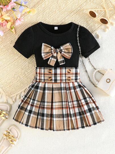 2pcs/Set Young Girl' Plaid Skirt & Bow Decor Short Sleeve Top, Summer