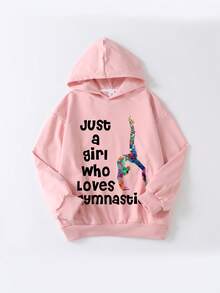 Tween Girl Long Sleeved Hooded Pullover With "Just A Girl Who Loves Gymnastics" Print Pattern, Casual Autumn And Winter - Pink - View 2