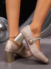 Women's High Heels, Round Toe, Chunky Heel, Single Strap With Buckle, Embroidered Design, Elegant And Unique, Gorgeous And Comfortable, Suitable For Parties, Banquets, And Everyday Commuting. - Apricot - View 3
