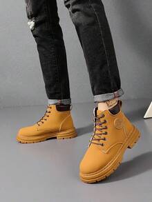 Zapatos de hombre, botines cómodos de hombre, punta redonda con cordones, botines estilo western para hombre. - Caqui - Ver 3