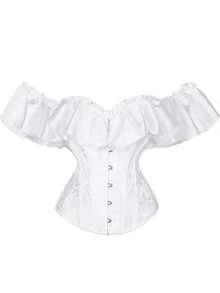 New Satin Floral Ruffle Off Shoulder Corset Top With Tie Back, Waist Cinching Shapewear - White - View 10
