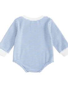 男婴条纹撞色圆领长袖毛巾布刺绣英文字母足球图案连体衣，秋冬足球假日版 - 霧霾藍 - 查看 2