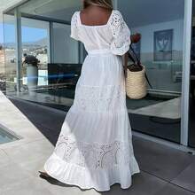 - Vestidos de verano para mujer, color slido, costuras de encaje, cintura suelta con cordones, vestido casual para mujer - Blanco + G - Ver 2