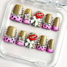 NailLuxe 10 PCS Handmade Duckbill Press - On Nails | Lip & Leopard Glam With Acrylic Lip Accents, Leopard Print Patterns & Vibrant Color Hues - 西瓜粉 - 查看 1