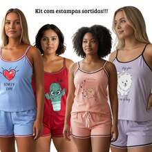Kit com 2 Pijamas Feminino Adulto Baby Doll Alcinha Short Doll em malha de qualidade Estampas Sortidas - Multicolorido - Visão 4