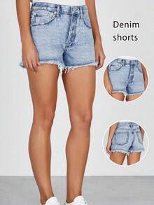 Damen Lässige Denim-Shorts mit ausgefransten Kanten und Taschen, vielseitiger Straßen-Stil für Studenten, geeignet für den täglichen Gebrauch, Dates, Frühling, Sommer, Herbst, Winter - Leichte Schneeflocken - Übersicht 2