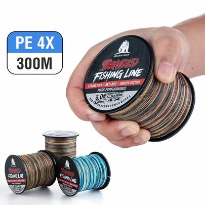 300M Línea de pesca trenzada multifilamento de 4 hebras, camuflaje azul/verde, duradera y de larga distancia para black bass, carpa, agua dulce y salada, 0.8#-8.0# línea PE.