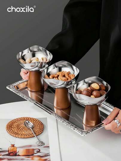 choxila 1 وعاء حلوى من الفولاذ المقاوم للصدأ، وعاء حلوى ذو قاعدة خشبية، وعاء وجبات خفيفة إبداعي، وعاء آيس كريم، وعاء تقديم الحلوى، مناسب للمنزل والمقهى ومحل الحلويات وهدايا رمضان