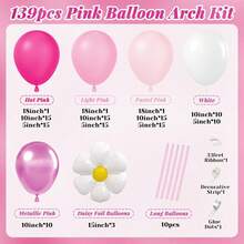139件套卡通猫咪主题气球拱门套装，包含雏菊铝箔气球和长款乳胶气球，颜色有亮粉色、粉色、白色和金属粉色。适用于生日派对、迎婴派对、周岁生日、求婚、订婚以及其他可爱的猫咪主题派对装饰。 - 彩色 - 查看 3