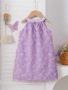 1件女童休闲纯色柔软舒适梭织面料拼接蝴蝶结花卉印花网纱无袖连衣裙，适合户外穿着，春夏款 - 淡紫色 - 查看 2